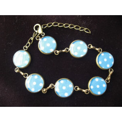 Bracelet petits cabochons, pois blancs sur fond turquoise