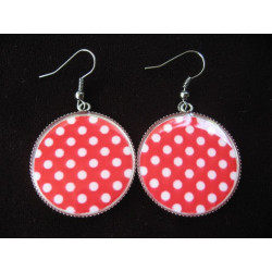 Fancy earrings, white dots on a red background, set in resin