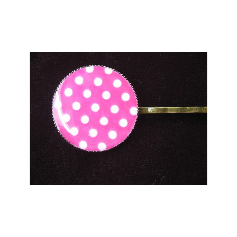 Barrette fantaisie, pois blancs, sur fond fuchsia