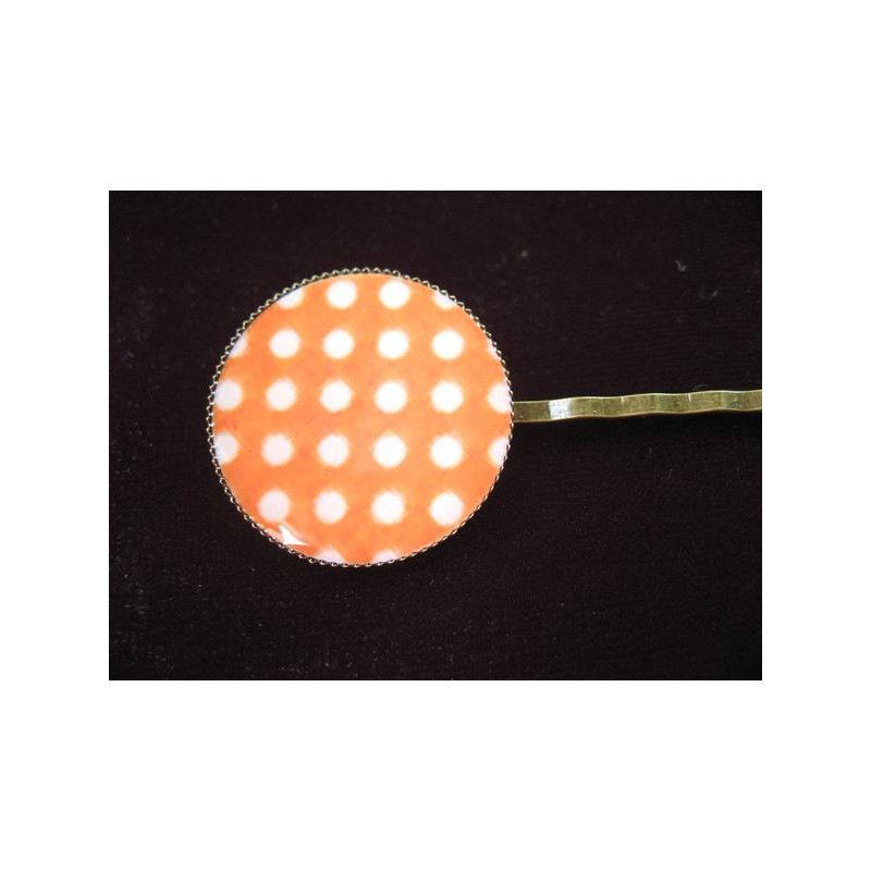 Barrette fantaisie, pois blancs, sur fond orange