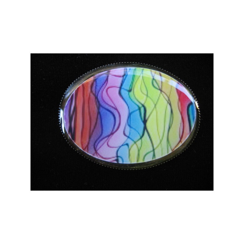 Oval brooch, multicolored patterns, set with resin