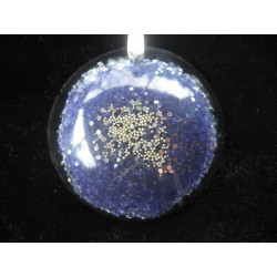 Large cabochon pendant, silver microbeads, on purple resin background