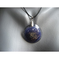 Large cabochon pendant, silver microbeads, on purple resin background