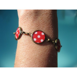  Bracelet petits cabochons, pois blancs sur fond rouge