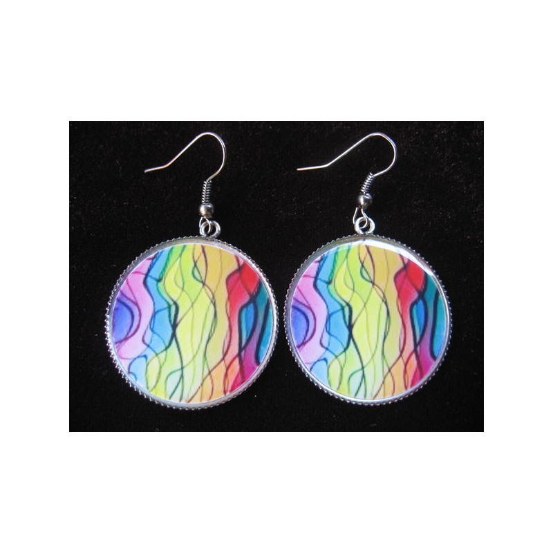Pop earrings, multicolored patterns, set in resin
