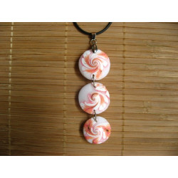 Collier 3 cabochons, spirale blanche/fuchsia, en fimo