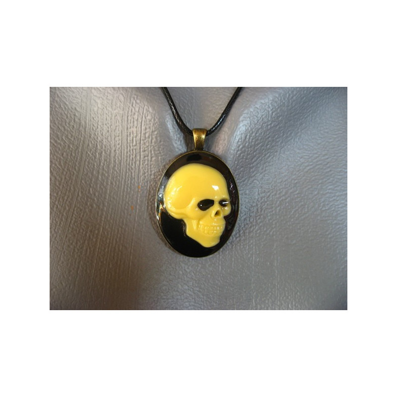  Pendentif ovale Steampunk, Tête de mort, sur fond noir en résine