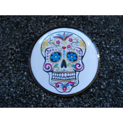 Steampunk brooch, Mexican skull on a white background, set with resin