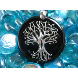 Zen PENDANT, Silver Tree of Life, on black resin