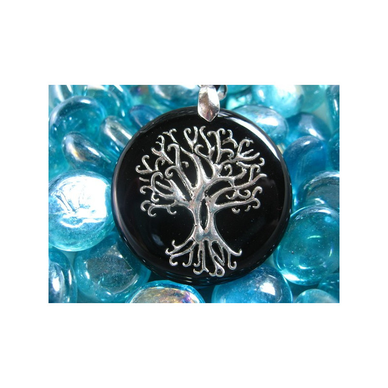 Zen PENDANT, Silver Tree of Life, on black resin