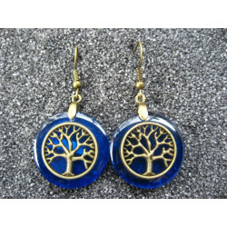 Zen earrings, Bronze tree of life, on blue resin background
