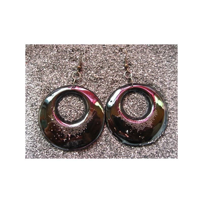 Very large earrings, silver microbeads, on black resin