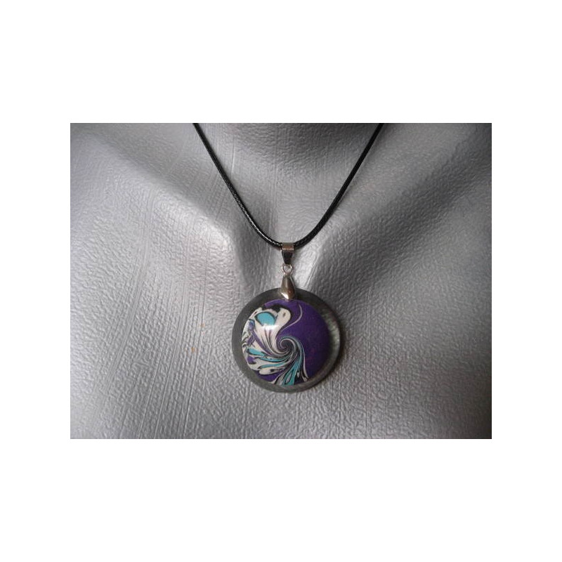 Purple/white spiral fimo and resin pendant