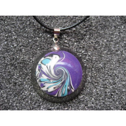 Purple/white spiral fimo and resin pendant