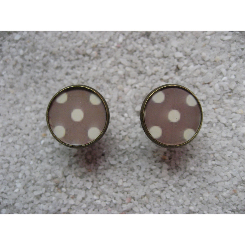 Cufflinks, white dots on brown background, set in resin