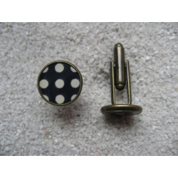 Cufflinks, white dots on black background, set in resin