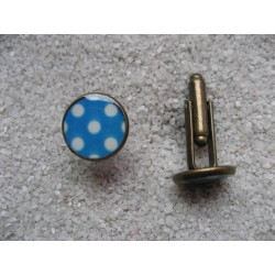 Cufflinks, white dots on a blue background, set in resin