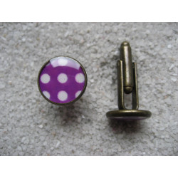 Cufflinks, white dots on plum background, set in resin