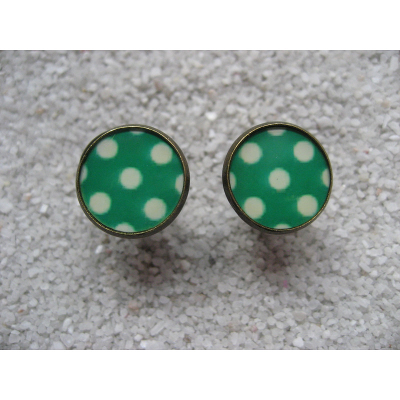 Cufflinks, white dots on green background, set in resin