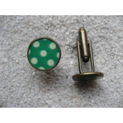 Cufflinks, white dots on green background, set in resin