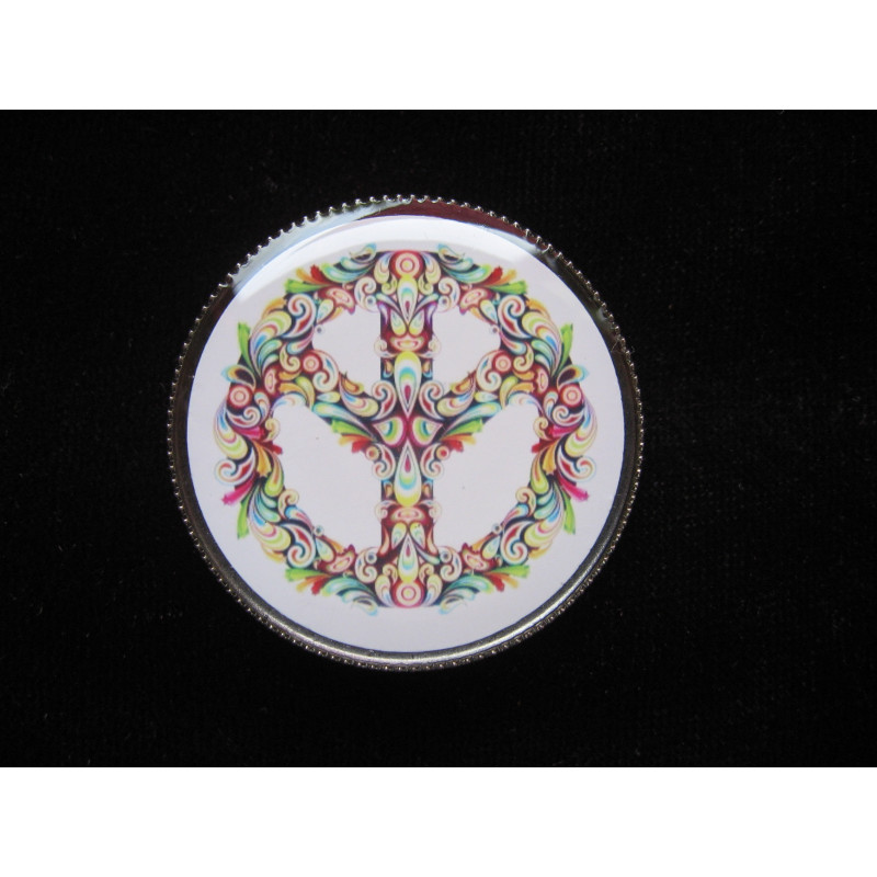 Vintage ring, peace and love multicolored on white background, set in resin