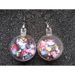 Bubble earrings, multicolored mobile hearts