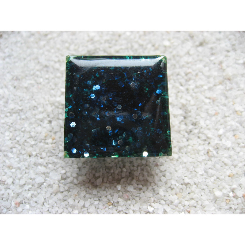 RING square, blue glitter, in resin