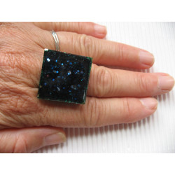 RING square, blue glitter, in resin