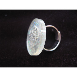Fancy ring, silver microbeads, on pearl white resin
