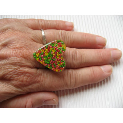 Heart ring, multicolored miniperles, in resin