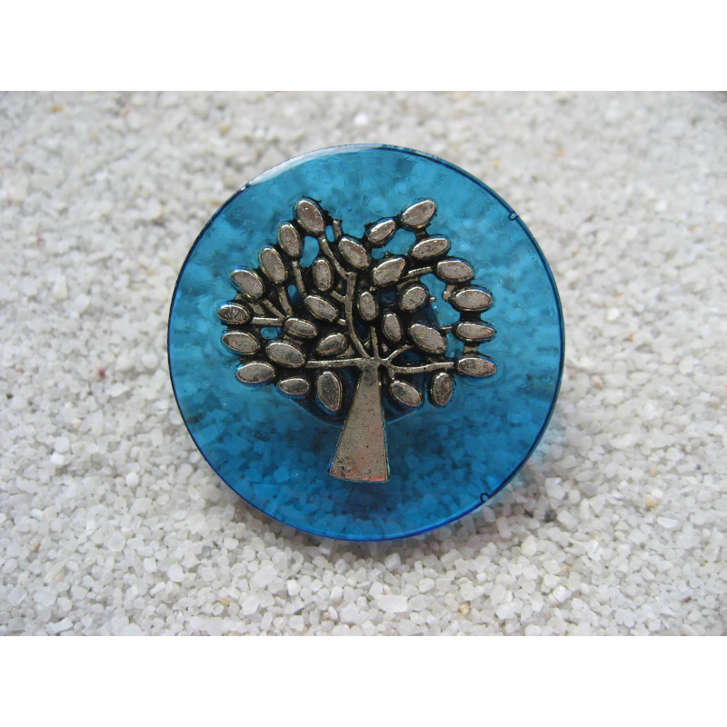 Big Zen ring, Silver tree of life, on blue resin background