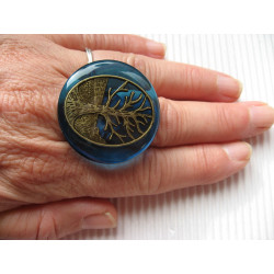 Large Zen ring, Bronze tree of life, on a blue resin background