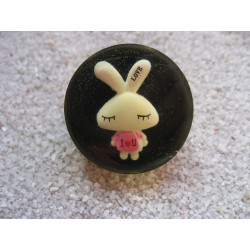 BAGUE Kawaii, Lapin I love you, sur fond noir en résine