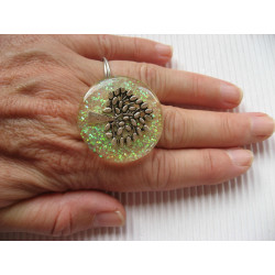 Big Zen ring, silver tree of life, on white resin background
