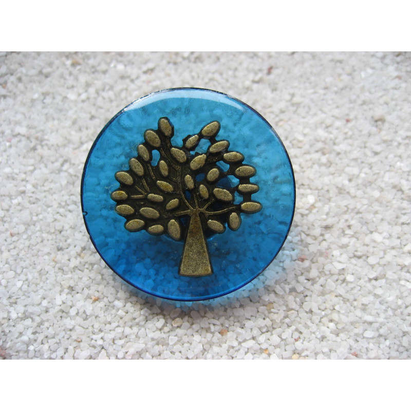 Grande bague Zen, Arbre de vie Bronze, sur fond bleu en résine