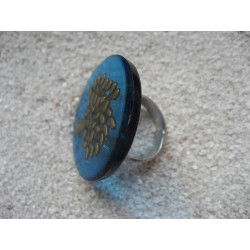 Grande bague Zen, Arbre de vie Bronze, sur fond bleu en résine