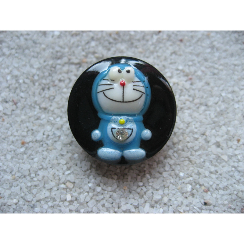 Kawaii ring, blue cat, on black resin
