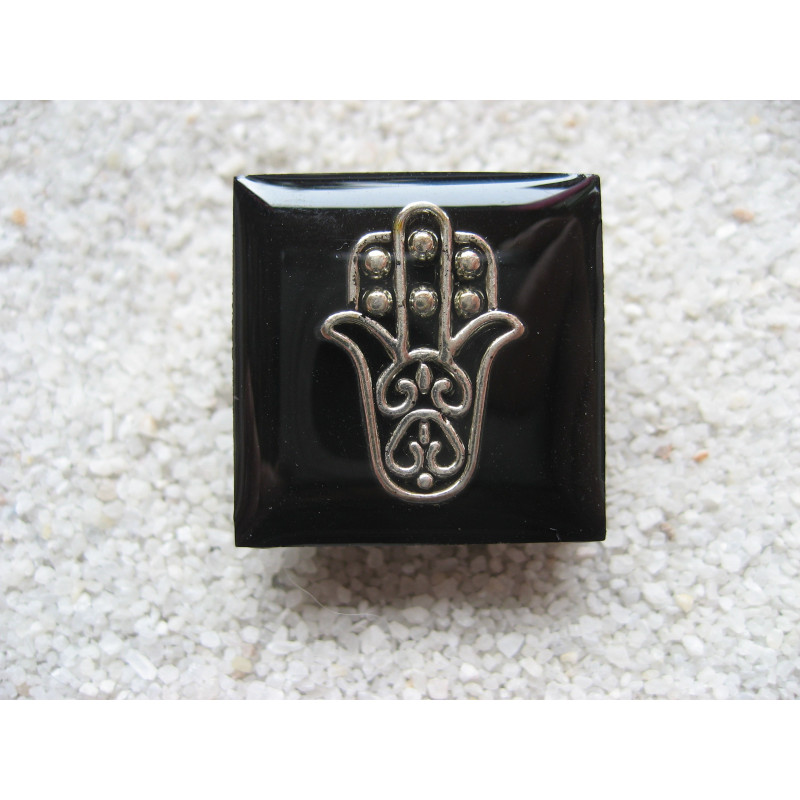 Square RING, Hand of Fatma, on black resin background