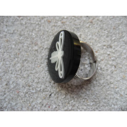 Fancy ring, white dragonfly, on black resin