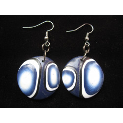 Graphic earrings, white and black patterns on a blue background, in fimo