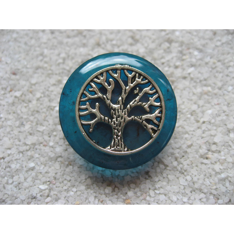 Zen ring, silver tree of life, on blue resin background