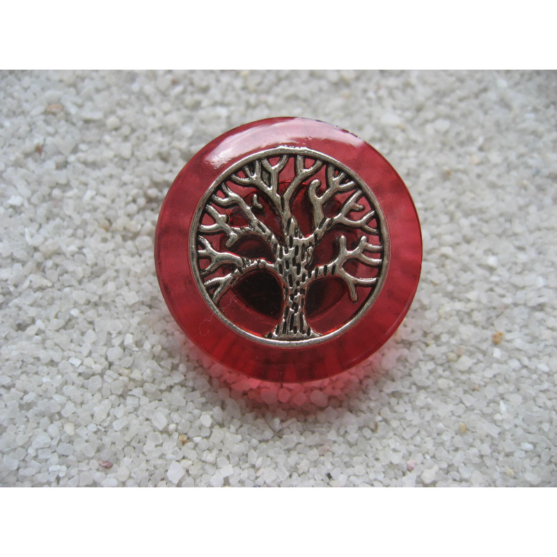 Zen RING, silver tree of life, on a red resin background