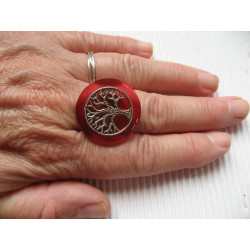 Zen RING, silver tree of life, on a red resin background