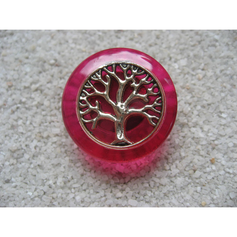 BAGUE Zen, Arbre de vie argenté, sur fond fuchsia en résine