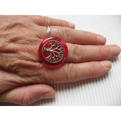 BAGUE Zen, Arbre de vie argenté, sur fond fuchsia en résine