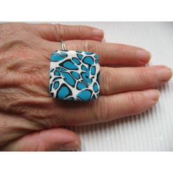Large square ring, turquoise leopard, in fimo