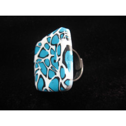 Grande bague carrée, léopard turquoise, en fimo