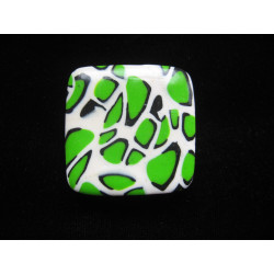Adjustable square ring, green and white leopard pattern, in fimo