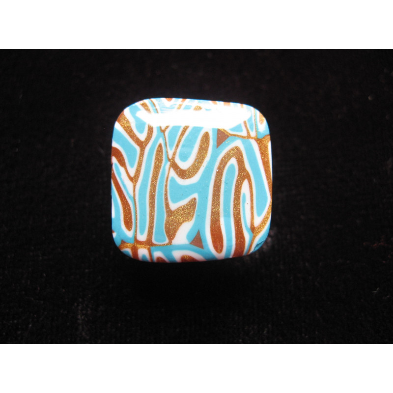 Petite bague carrée, motif léopard turquoise et marron, en fimo