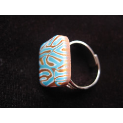 Petite bague carrée, motif léopard turquoise et marron, en fimo